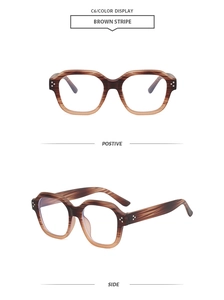 Vues de face et de profil de montures de lunettes carrées marron avec rivets en métal