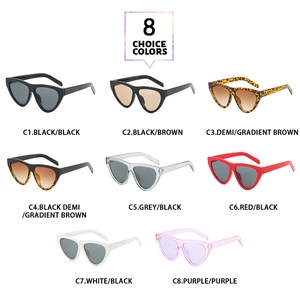 Detailed view of cat eye sunglasses available in eight trendy colors and retro triangle frame