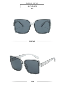 Detail of square sun glasses in grey frame with black lenses and quilted temple texture