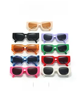 Vertical array of irregular square frame sunglasses in nine vibrant assorted colors
