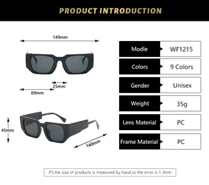 Detailed dimension guide for oversized square PC sunglasses featuring model WF1215 specs