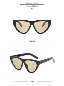 Front and side view of cat-eye sunglasses with black frame and brown tinted lenses