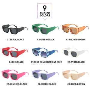 Collage of irregular oversized sunglasses showing nine trendy color variants in detail