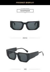Front and side view of black oversized square sunglasses with wide temples