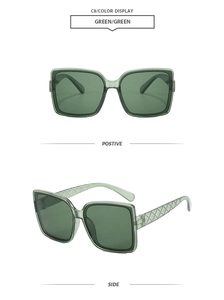 Detail of square green sunglasses with textured quilted temples in front and side views