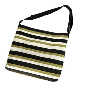 Striped canvas crossbody bag for students featuring black, olive green, and beige wide bands