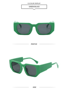 Detail of chunky green sunglasses with wide temples and black lenses in side view