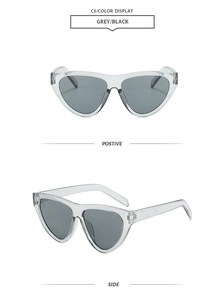 Detailed front and side views of transparent grey triangular sunglasses with dark lenses