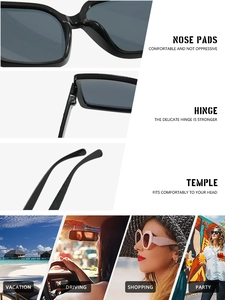 Detail of square sunglasses with integrated nose pads, hinges and lifestyle scenes