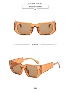 Detail view of brown geometric sunglasses featuring bold wide temples and clear frames