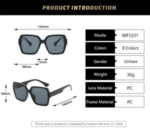 Detailed size specifications for square frame sunglasses with PC lens measurements