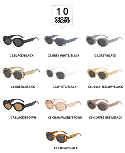 Detailed catalog showing 10 stylish oval frame sunglasses in various colors and lens tints