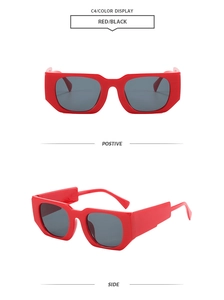 Detailed front and side view of red geometric chunky frame sunglasses with dark lenses