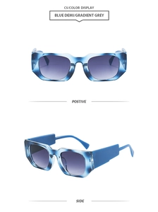 Detail of blue tortoiseshell sunglasses with gradient grey lenses from front and side views