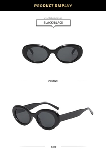 Detail view of retro oval sunglasses in black frame with dark lenses from multiple angles