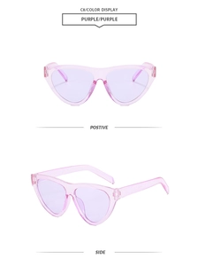 Detailed front and side view of trendy purple oversized triangle frame sunglasses