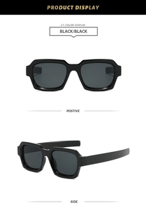 Detailed front and side view of black rectangular thick frame fashion sunglasses