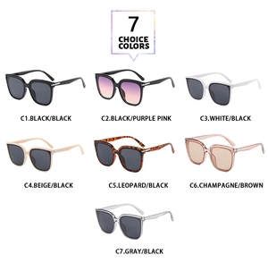 Showcase of seven color options for oversized square sunglasses with metal temple accents