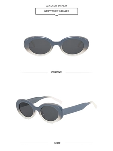 Front and side views of grey-white gradient oval sunglasses with dark lenses
