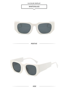 Front and side views of chunky white square frame sunglasses with dark grey lenses