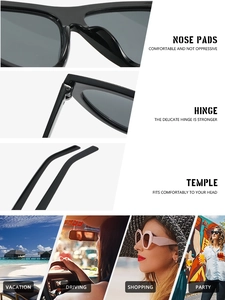 Detail of triangular sunglasses showing reinforced hinges, nose pads, and usage scenarios