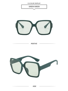 Front and side view of square oversized green frame sunglasses with tinted lenses
