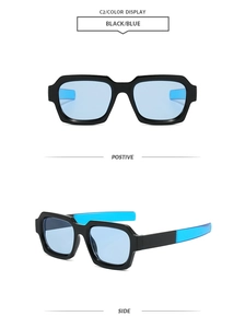Detail view of square black sunglasses frame with light blue translucent lenses and two angles