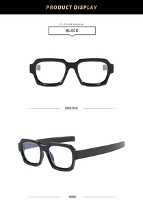 Detailansicht der schwarzen quadratischen Brille mit Vorder- und Seitenansicht und Metallscharnier