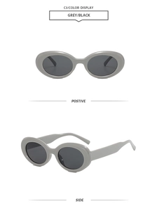 Front and side views of oval retro sunglasses with grey frame and black lenses