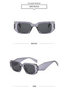 Vues de face et de côté de lunettes de soleil carrées vintage avec verres noirs et monture grise