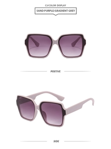 Detail view of square oversized sunglasses with sand purple frames and gradient grey lenses