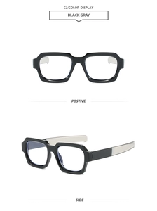 Detailansicht der Vorder- und Seite der schwarzen quadratischen Brille mit grauen Bügeln