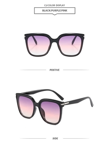 Front and side view of square oversized sunglasses with purple pink gradient lenses