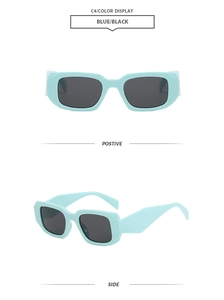 Vues de face et de profil de lunettes de soleil carrées bleues vintage à monture épaisse