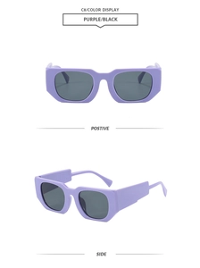 Macro side and front view of retro thick frame purple sunglasses with black lenses