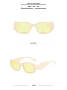 Vue de face et à 45 degrés de lunettes de soleil vintage rectangulaires beiges à verres jaunes