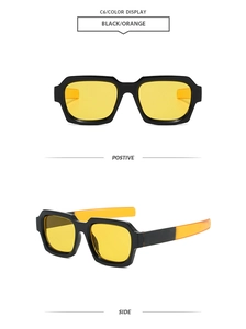 Detailed front and side views of rectangular retro sunglasses in black and orange