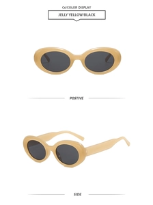 Detailed front and side views of oval jelly yellow sunglasses with black lenses