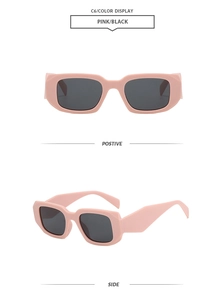 Vues détaillées de lunettes de soleil rectangulaires roses avec verres noirs, face et profil
