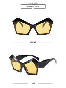 Détail de lunettes de soleil géométriques avec monture noire brillante et verres jaunes