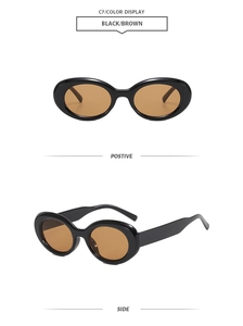 Front and side view of vintage oval sunglasses with black frames and brown lenses