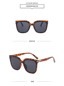 Detail of leopard print square sunglasses showing side and front views with silver hinges
