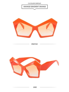 Vues de face et de côté de lunettes de soleil orange géométriques à verres dégradés