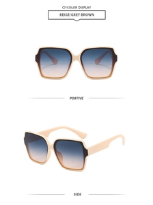 Detail view of beige square sunglasses C7 with grey brown gradient lenses and wide temples