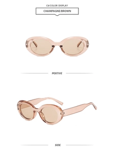 Detail view of oval champagne sunglasses with vintage frame and smooth resin finish