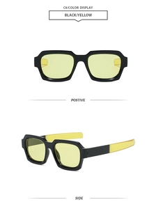 Front and side views of vintage square sunglasses with black frames and yellow lenses