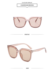 Detailed views of champagne square oversized sunglasses with brown lenses and silver hinge