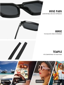 Detail of integrated nose pads and reinforced metal hinges on black square sunglasses