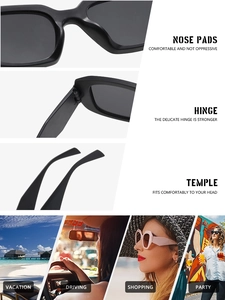 Détails des charnières et plaquettes de lunettes de soleil carrées et scènes de vie
