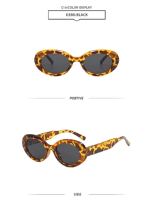 Retro oval tortoiseshell sunglasses with black resin lenses in positive and side views